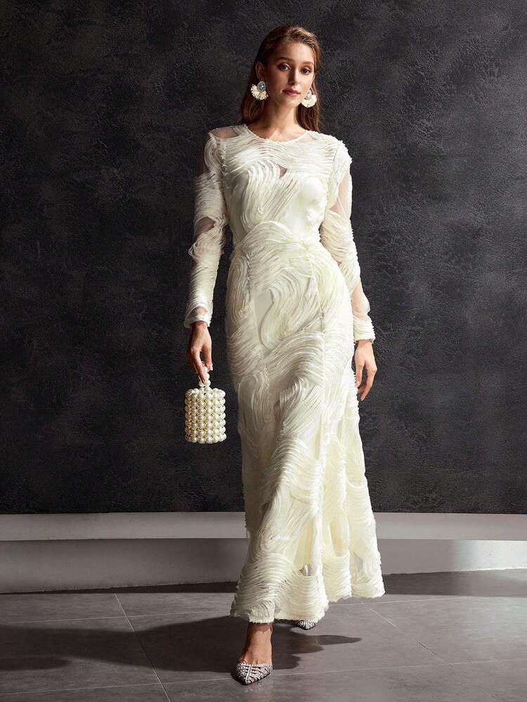 MOTF Soiréza TEXTURED KNIT SHEER MESH MERMAID HEM COCKTAIL DRESS