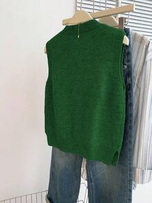 Franclia 休闲宽松圆领无袖灰色针织上衣，配中式盘扣，女士款，春秋季 - 墨綠色 - 查看 2