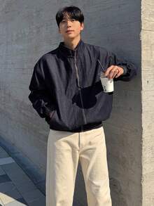 DAZY Men's Solid Blue Denim Jacket, Autumn - Navy Blue - View 7