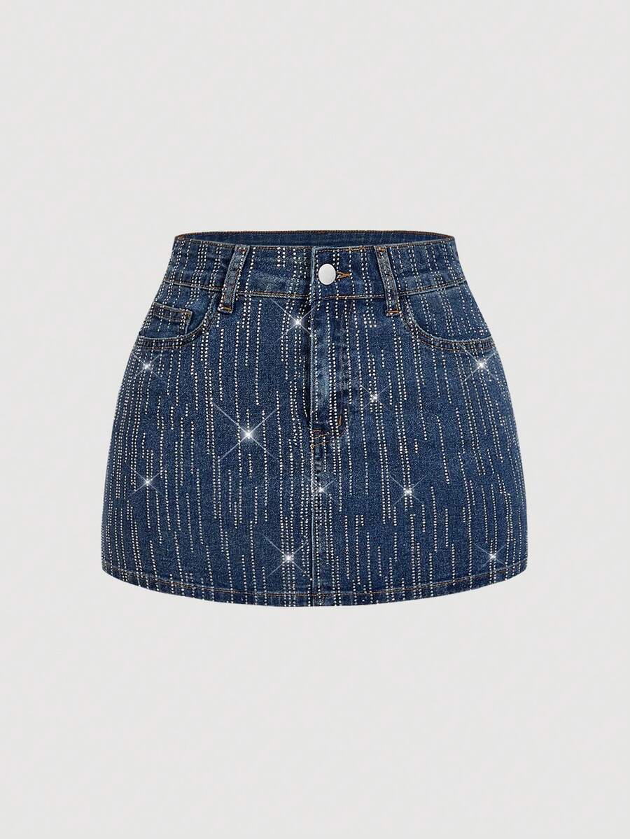 SHEIN Unity 女式牛仔水钻口袋时尚紧身迷你裙 - 灰色 - 查看 1