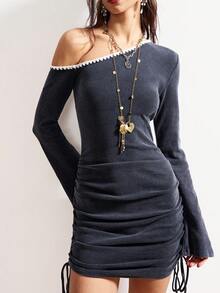 Bohemela Casual Solid Color Knit Mini Dress For Women - Black - View 4