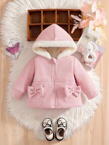 SHEIN Baby Girls' Hooded Fluffy Bow Pocket Long Sleeve Faux Fur Jacket. The Adorable Hooded Design, Paired With The Fluffy 3D Bow Decoration, Is Lively And Playful, Full Of Childlike Charm. Suitable For Taking The Baby Out To Play, As Well As For Casual Home Wear. Whether Attending A Holiday Party Or Any Important Occasion, The Baby Can Instantly Become The Sweetest And Most Charming Little Princess, Attracting Everyone's Attention.