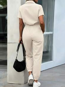 EMERY ROSE 女式纽扣装饰口袋宽松上衣搭配束腰连体裤，优雅，春夏