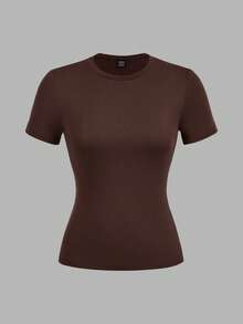 SHEIN EZwear 3件套女士圆领休闲修身长袖T恤套装，黑色和卡其棕色 - 彩色 - 查看 5