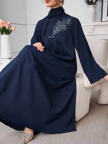 Al Najma 女士优雅时尚日常贴花长款阿拉伯连衣裙 - 藏蓝色 - 查看 6