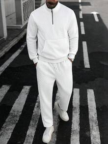 Manfinity Homme Casual Knit Small Checkered Pants With Tie-Front Sweatshirt Set Sporty Business Two Pieces Knitted Set Casual Two Pieces Set Men Track Suit White 2 Pieces Outfits White Men White 2 Pieces Pants Set - White - View 1