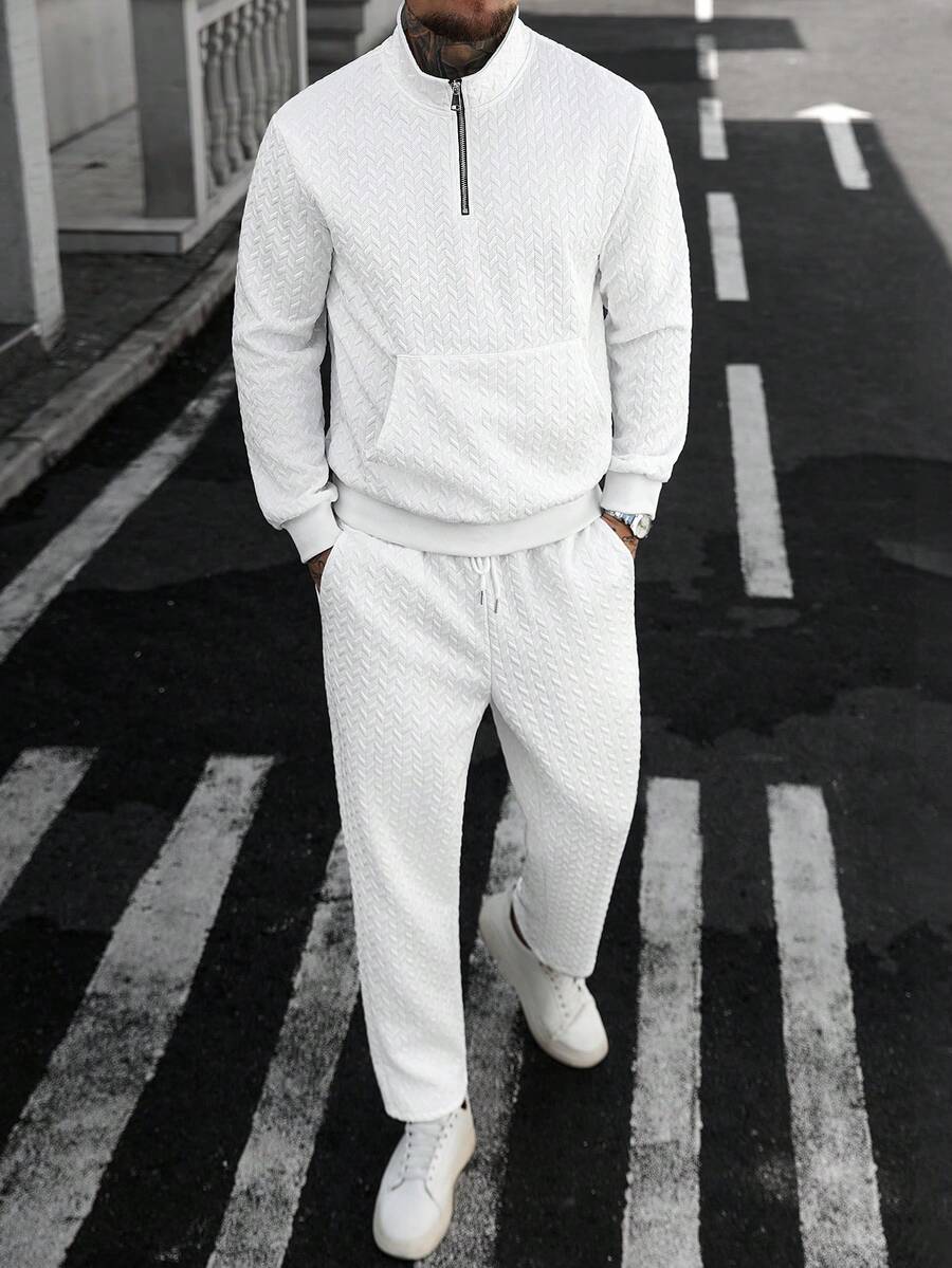 Manfinity Homme Casual Knit Small Checkered Pants With Tie-Front Sweatshirt Set Sporty Business Two Pieces Knitted Set Casual Two Pieces Set Men Track Suit White 2 Pieces Outfits White Men White 2 Pieces Pants Set - White - View 1