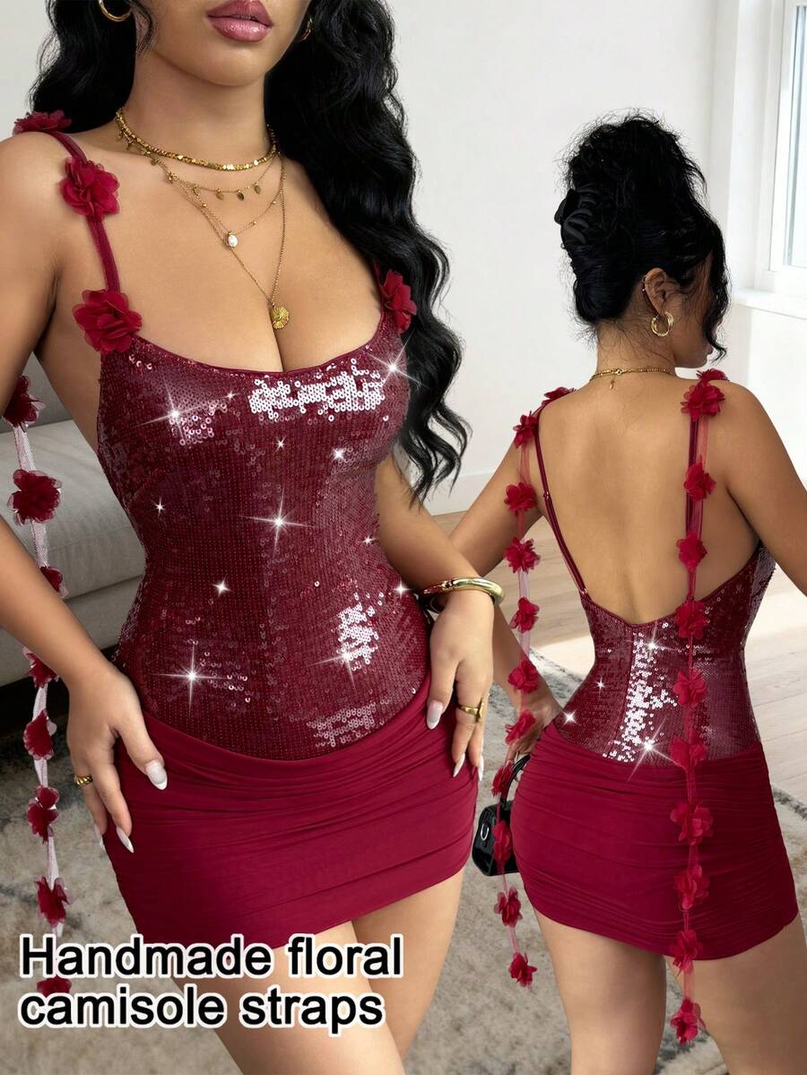 Almamuse Women's Elegant Party Sequin Patchwork Burgundy Dress - Burgundy - View 1