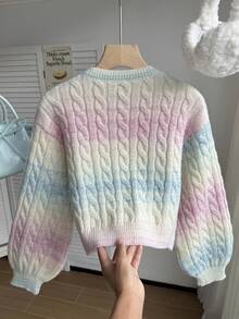 SHEIN 少女毛衣，一件式麻花针织短款毛衣 - 圆领泡泡袖套头衫，简约扭绳设计，轻盈透气，适合上学和休闲穿着，春秋季可爱款 - 彩色 - 查看 2