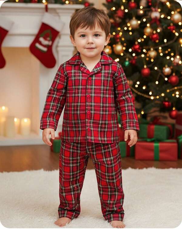 Baby Boy Casual Red Plaid Cute Long Sleeve Top And Pants Pajama Set