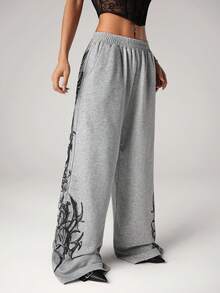 SHEIN ICON Petite Quần thể thao nữ phong cách punk thời trang, dáng rộng thoải mái. - Xám - Xem 6