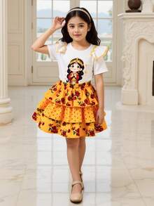 Girls'Gold Floral Abaya Kaftan Jalabiya Middle Eastern Muslim Traditional Dress,Udan Rose Ditsy Floral,Ruffle Trim,Summer - Multicolor - View 4