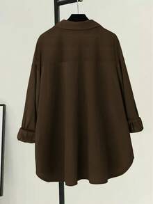 EMERY ROSE Plus Size Women's Drop Shoulder Long Sleeve Striped Single-Breasted Corduroy Casual Shirt - Mocha Brown - View 5