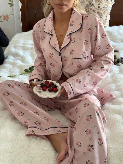 Bubble Crinkle Ditsy Bloemen Long Sleeve Pants Women Pajama Set view 2