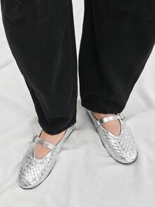 Mnmlis 银色休闲百搭女士圆头玛丽珍平底鞋 - 銀色 - 查看 1