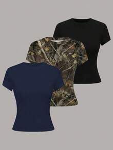 SHEIN LUNE Women's Round Neck Short Sleeve Casual Summer T-Shirt - Multicolor - View 1