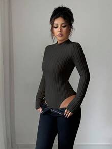 SHEIN Elenzya 女士标准尺码罗纹抓绒连体衣，秋冬季 - 黑色 - 查看 4