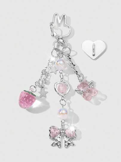 Kawaii 1 قطعة سلسلة مفاتيح من الراتنج جميلة وأنيقة مزينة بنجمة فضية وبلورة قلب وجناح فراولة وتميمة دب وزينة فيونكة، مناسبة للنساء والفتيات للاستخدام اليومي وكهدية للمناسبات، تأتي مع ملصق قلب كإكسسوار