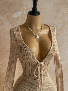 Soleia 性感吊带V领镂空金属海星紧身连体裤，度假吊带露背系带连体裤，适合假日、音乐节、波西米亚风、海滩度假、秋冬季穿着。 - 卡其色 - 查看 3