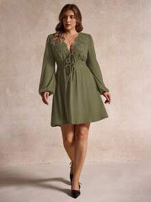 Elegantrix Gaun Pesta Renda Patchwork Wanita, Musim Gugur/Dingin - Hijau Tentara - View 3