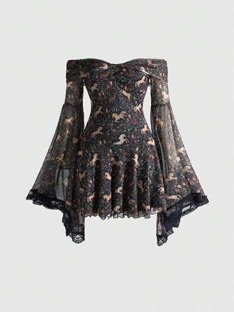 Fairycore Gothic Retro Mysterious Star & Moon Print Off Shoulder Flare Sleeve Mesh Dress