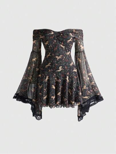 Fairycore Gothic Retro Mysterious Star & Moon Print Off Shoulder Flare Sleeve Mesh Dress
