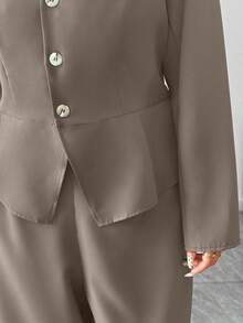 Elenzga Plus Size Women's Elegant V-Neck Cinched Waist Asymmetric Hem Long Sleeve Blazer Suit Set Gray Two-Piece Set With Cinched Waist - Khaki - View 5