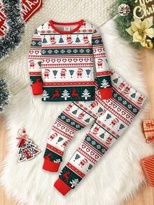 SHEIN 男婴圣诞主题舒适贴身长袖上衣和裤子睡衣套装，采用经典圣诞树、卡通和驯鹿图案，适合秋冬季 - 彩色 - 查看 1