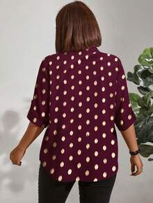 EMERY ROSE Plus Size Summer Casual Gold Dot Print Notched Neck Shirt - Red - View 2