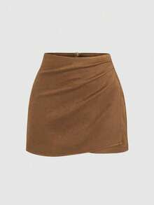 INAWLY Quần short da lộn giả thời trang đa năng màu trơn cỡ lớn cho nữ - màu nâu - Xem 1