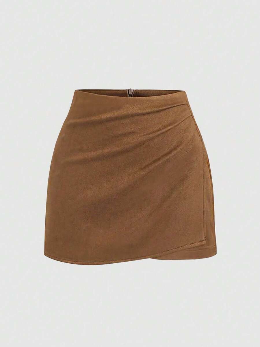 INAWLY Quần short da lộn giả thời trang đa năng màu trơn cỡ lớn cho nữ - màu nâu - Xem 1