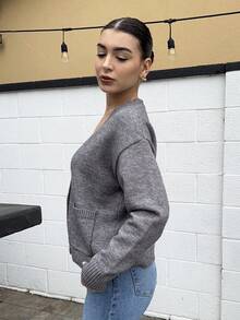 Andrea Bello Women's Solid Color Drop Shoulder Long Sleeve Casual Cardigan, Autumn & Winter,Knitted Sweater - Grey - View 5