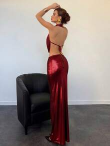 Aloruh 派对露背深V领性感吊带背心+低腰H字长裙套装 - 紅色 - 查看 2