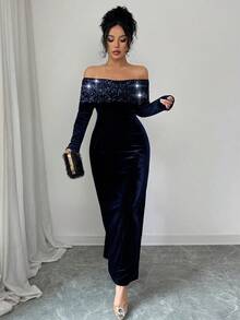 Elenzga 女士优雅露肩亮片派对连衣裙，收腰设计，长袖，秋季款 - 藏蓝色 - 查看 3