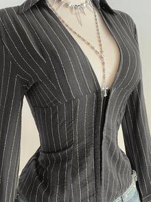 Elamini 1 pieza Blusa negra de cuello a rayas en V, de ajuste ceñido y manga larga, sexy para ir al trabajo y uso diario - Gris Oscuro - Ver 4