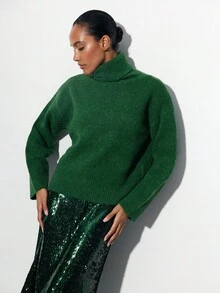 Maija 女士宽松橄榄绿高领毛衣，舒适百搭，适合春秋冬季，适合商务休闲、办公室穿着、通勤、社交活动、派对和日常休闲穿着 - 墨綠色 - 查看 5