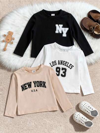 SHEIN 3pcs Baby Boy/Girl Casual Everyday Sports Loose Letter Graphic Round Neck Long Sleeve T-Shirt Set, Suitable For Outings And Home Wear, Autumn/Winter   Long Sleeve Tops  Thanksgiving Outfits