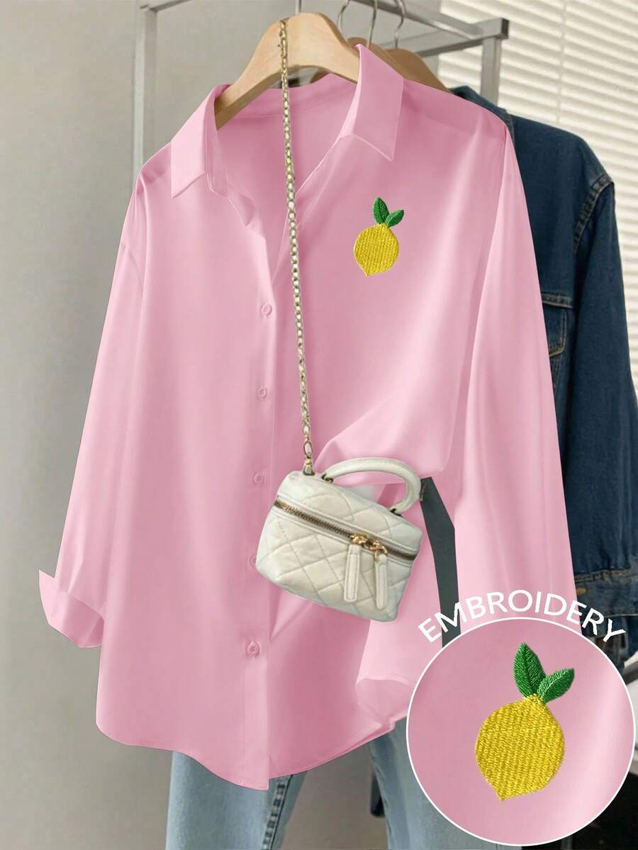 SHEIN Áo sơ mi nữ tay dài, dáng rộng, vai trễ, thêu họa tiết quả chanh, cài khuy đơn giản - Nhiều màu - Xem 1
