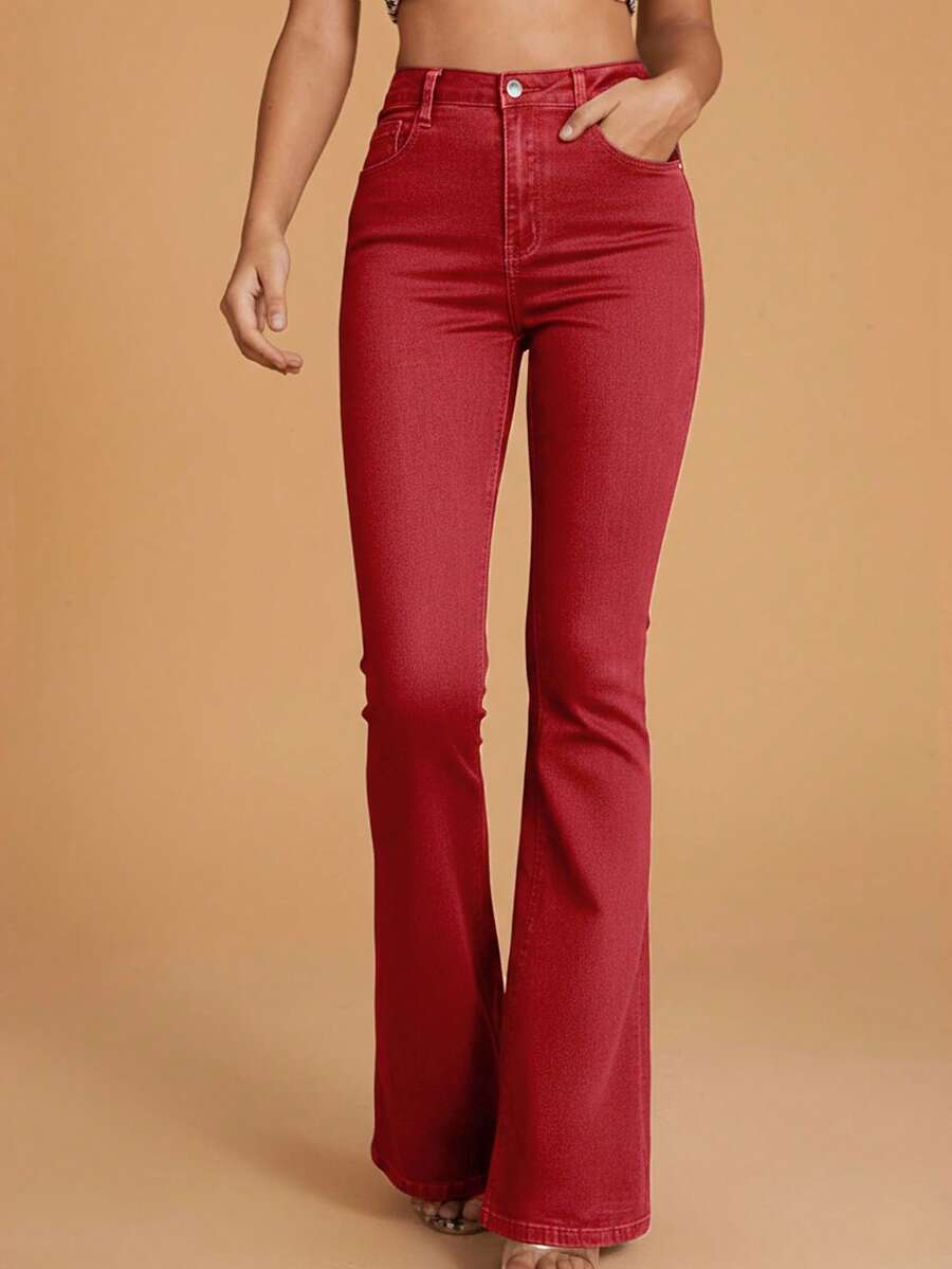 Selenza Women's Street Style Pocketed Flare Leg Jeans - Red - View 1