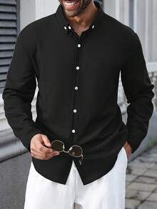 Manfinity Homme Kemeja Lengan Panjang Kancing Depan Warna Polos Kasual Pria Ukuran Besar, Kemeja Lengan Panjang Hitam Musim Gugur untuk Pria - Hitam - View 3