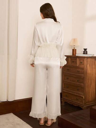 Moireta Elegante Mature Sleepwear Set Bloemen Kanten French Chic Long Sleeve Top Pants, Graceful Charming Intellectual Women Pajama In White, Fall Clothes view 2