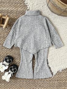 SHEIN Baby Girl Infant Toddler Newborn 0-3 Years Casual Daily Versatile Fashion Outerwear High Collar Drop Shoulder Ribbed Knit Long Sleeve Top + Flared Pants Set, Infant Autumn/Winter Clothing, Khaki - Light Grey - View 6