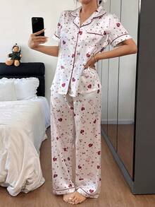 Dream Adore Teddy Bear Print Faux Silk Women Pajama Set - White - View 2