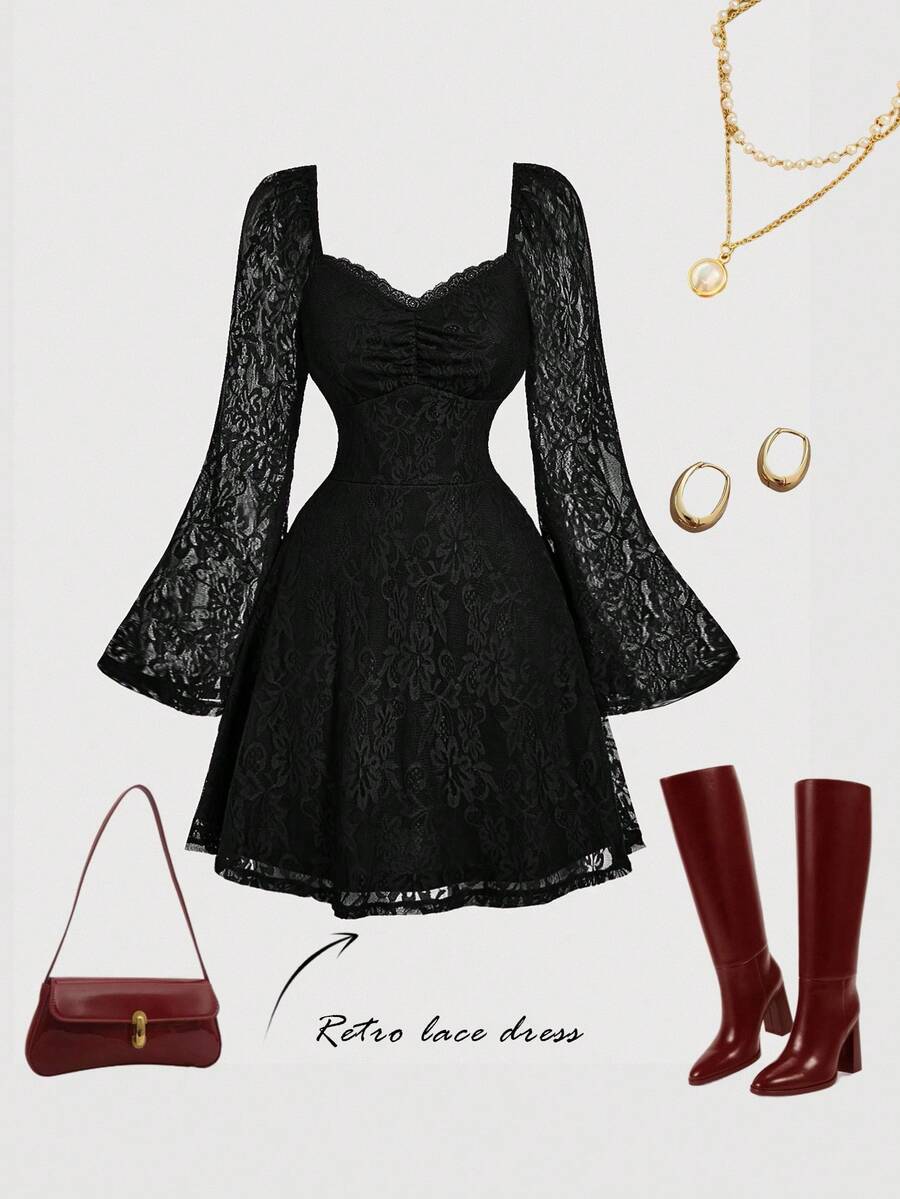 SHEIN MOD Sweetheart Neck Contrast Lace Ruffle Bust Flare Sleeve Lace Dress - Black - View 1