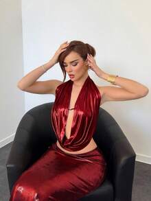 Aloruh 派对露背深V领性感吊带背心+低腰H字长裙套装 - 紅色 - 查看 3