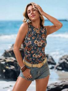 Sylviya 女士休闲花卉圆领弹力吊带背心，适合夏季 - 彩色 - 查看 6