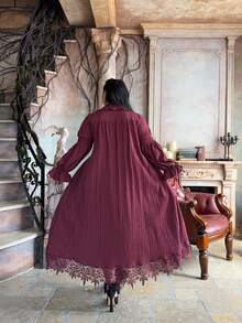 Lyrianda Romantic French Ruffled Red Flared Waist Dress, High-End Ethereal Gentle Long Dress For Women, Sweet Girly French Retro Big Round Collar Lace Trim Long Sleeve Puff Sleeve Slimming High Waist Dress - Burgundy - View 2