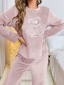 Bộ đồ ngủ mùa đông ấm áp, chất liệu flannel, gồm áo dài tay và quần, họa tiết gấu. - Màu Hồng  San hô - Xem 6