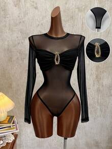 INAWLY Women's Sexy Sheer Mesh Metallic V-Shaped Bodysuit