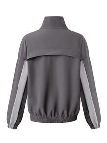 Zielony Women's Autumn/Winter Outdoor Ski Wear, Contrast Color Sports Casual Loose Windbreaker Jacket - Dark Grey - View 2